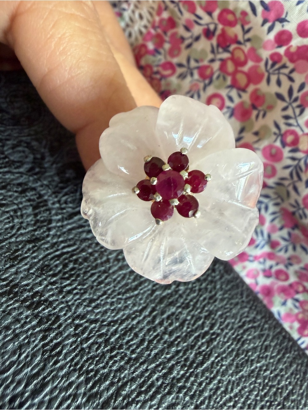 STERLING SILVER ROSE QUARTZ & RUBY RING, SZ 8